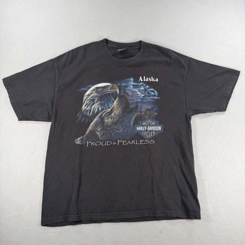 Vintage Harley Davidson Alaska T Shirt Mens XL Black Eagle Wolf Kenai Peninsula